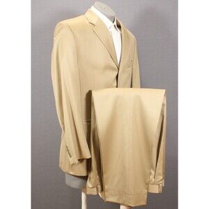 Kasper Mens 2 Piece Suit Solid Tan 4 Btn Wool 44R Pleated Front 38" Waist